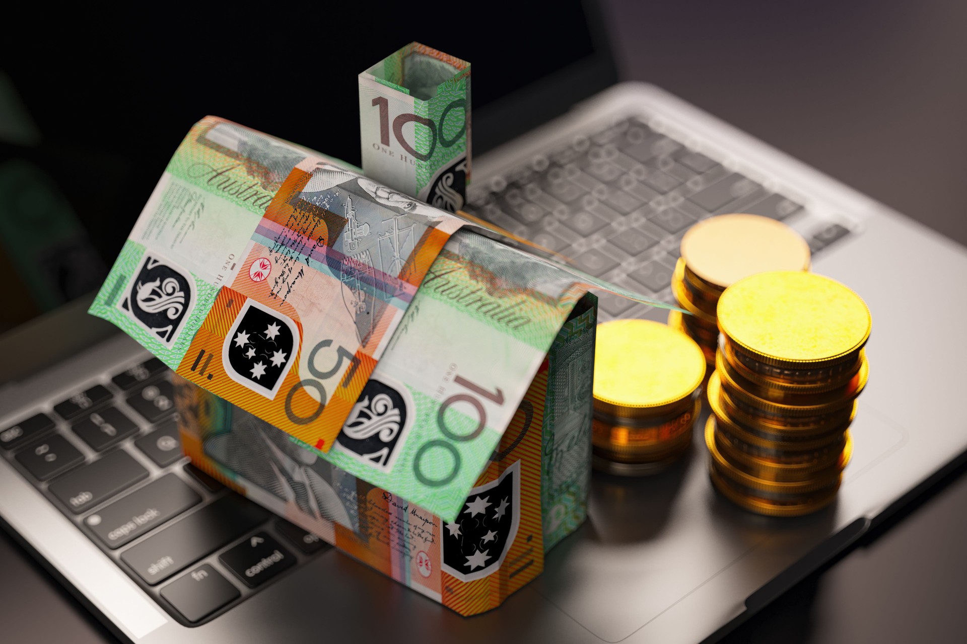 Australian Mortgage Concept with House made of Australian Dollar on a Laptop